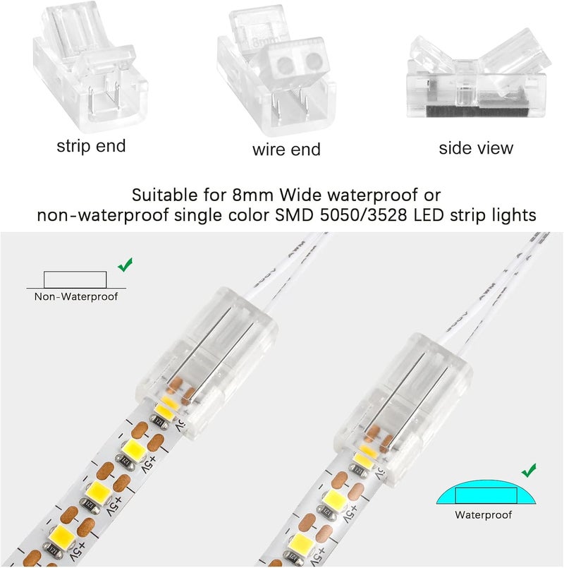 RGBZONE 2 Pin LED Strip Connector Kit, 5pcs 8mm Strip to Wire Connectors and 10m Extension Cable for Waterproof or Non-Waterproof Single Color LED Strip Lights - Image 4